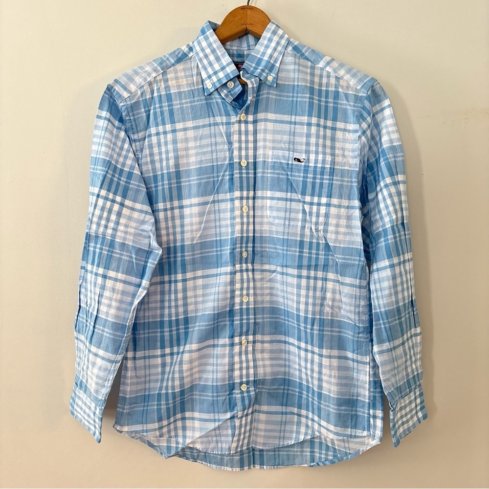 Vineyard Vines Tucker Men’s Small Blue Plaid Button Down 100% Cotton Whale Logo